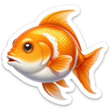 Cinematic Cute Orange and White Goldfish Portrait Emoji, Head tilted playfully and inquisitively, featuring a glossy, vibrant body adorned with a striking mix of orange and white, round, sparkling golden eyes filled with curiosity, Simplified yet irresistibly adorable features, highly detailed, glowing with a warm, friendly glow, high shine, affectionate and lively, stylized with a touch of whimsy, bright and endearing, soft glowing outline, capturing the essence of a mischievous yet loving goldfish, so playful it feels like it could swim out of the screen and into your heart! sticker