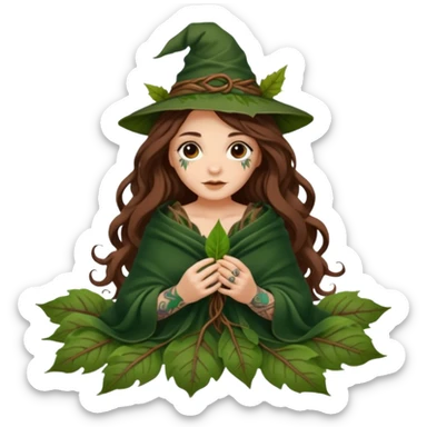 cute forest witch woman long wavy brown hair tattoos wrapped in leaf blanket sticker
