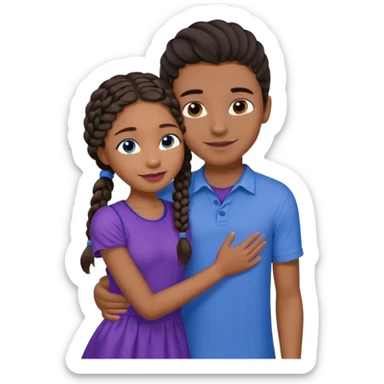 Boyfriend who is medium tan olive skinned with blue eyes and wavy straight brown hair in a blue shirt and his girlfriend who is dark skinned, juicy lipped with black braided hair and the two are hugging and smiling she’s wearing purple and she has black eyes sticker