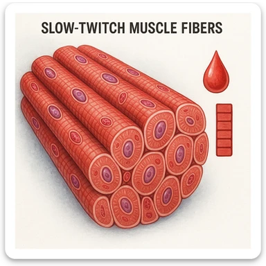 hyper realistic illustration of slow-twitch muscle fibers with compact and saturated appearance, minimal hypertrophic growth, cellular details, saturation symbols like drops or full bars, clinical atmosphere, white background sticker