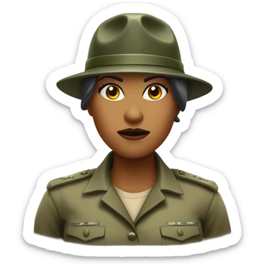 a female drill sergeant character wearing a classic sergeant hat and a camouflage army shirt. The character should have an angry intense expression. full torso sticker