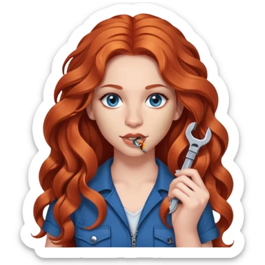 I need an emoji of young redhead woman with wavy long hair like Shakira, septum ring in her nose, blue eyes and snake bite piercing under her lower lip and she must have a wrench in her hand sticker