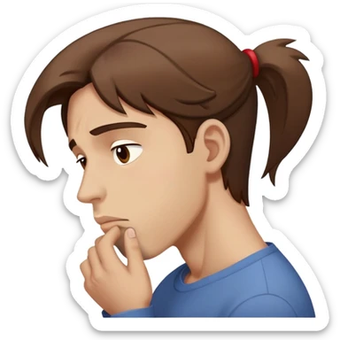 a man with brown hair staying in a
full height in profile with anxiety and begging face with a broken heart sticker