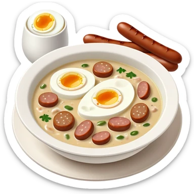 cinematic-realistic zurek-soup-dish-emoji,-depicted-as-a-tangy,-creamy-rye-soup-with-sausage-and-1 boiled egg-rendered-with-detailed-textures-and-warm,-comforting-lighting. sticker