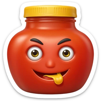 Un tarro de salsa de tomate y un tarro de salsa de mostaza al uno al lado del otro, los dos tarros con ojos sticker