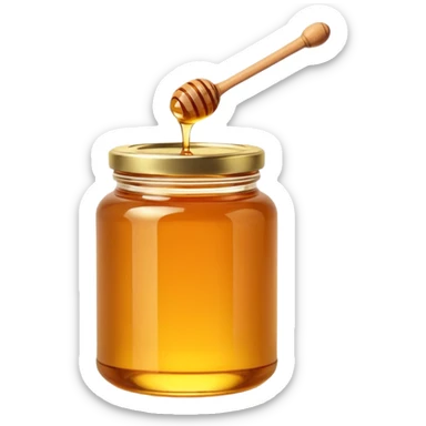 glass jar of honey, golden amber, glossy surface, light reflections, dense smooth honey, simple lid wooden metallic or golden, blank label optional, minimal honey dipper resting on jar, 3D clean style, transparent background sticker