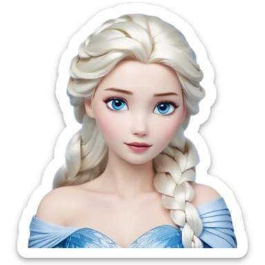 Cinematic Realistic Elsa Portrait, depicted with lifelike skin texture, soft natural lighting, and intricately detailed platinum blonde hair styled elegantly. Her striking, expressive blue eyes exude confidence and grace, complemented by a serene and regal expression. She is dressed in her signature icy attire, with shimmering fabric textures and delicate folds that catch the light beautifully. The portrait features a soft, enchanting glow with a cool, radiant finish, capturing the essence of timeless elegance in a realistic and painterly style, evoking a sense of depth and authenticity. sticker