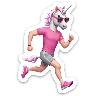 friendly anthropomorphised male white unicorn in grey shorts and pink t-shirt, wearing dark sunglasses, jogging upright in a standard pose sticker