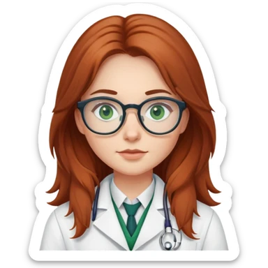 A beautiful Auburn, long-haired girl, green eyes glasses, wearing a Scottish outfit and a scientist white lab coat sticker