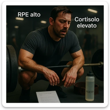 Replace the floating icons above the head with clear and readable Italian text: 'RPE alto' and 'Cortisolo elevato', maintaining the cinematic style and original color palette of the image. sticker