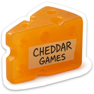 hyper-realistic, highly detailed block of cheddar cheese with clear orange transparent body, holes like Swiss cheese, soft flat plastic texture reminiscent of 90's toy, soft reflections, slightly squishy and cloudy appearance, no shine, glowing slightly, high-quality retro gummy look, extremely appealing, piece of tape on the side with 'Cheddar Games' written in sharp messy handwriting, hyper-realistic retro visually stunning sticker
