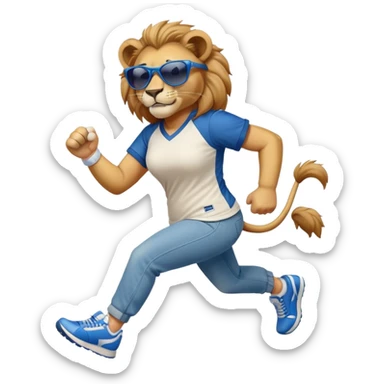 friendly anthropomorphised female lion wearing a baseball shirt, jeans, trainers, dark sunglasses, jogging upright, looking dominant and confident sticker