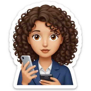brunette girl with curly medium length hair, brown eyes, slightly tan skin, holding a phone sticker