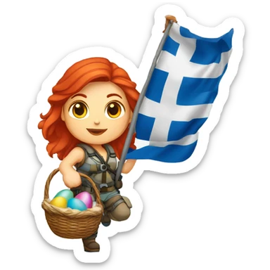 Female winter mountaineer red hair white skin climbing with Greek Flag and Easter eggs basket sticker