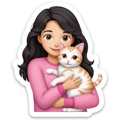 A girl with black wavy hair and light tan skintone, wearing a pink clothes, hugging a tabby white cat while smiling  sticker