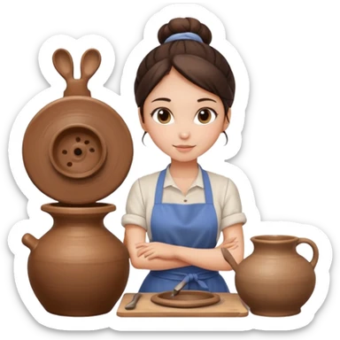 Brunette girl with bun, behind pottery wheel sticker