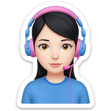 girl with black  hair, blue shirt and pink headset sticker