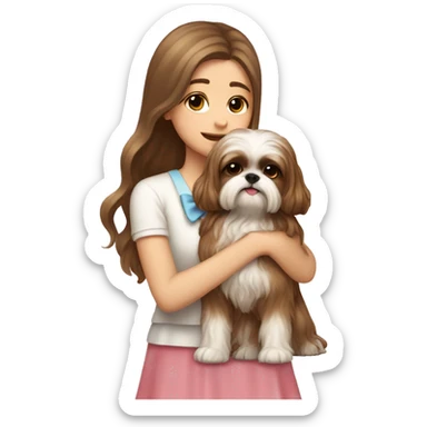 human girl with long wavy brown hair hugging a cream colored shih tzu girl with bow sticker