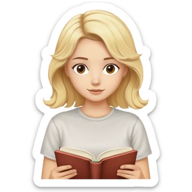 blonde model, brown eyes, medium length wavy hair, comfy t-shirt, reading a book sticker