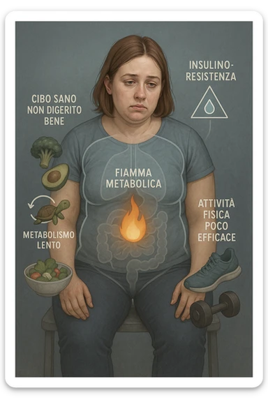 Donna tra i 25 e i 35 anni con fisico leggermente gonfio e postura affaticata, seduta con sguardo stanco. In trasparenza sul suo corpo, si vedono elementi simbolici: una fiamma metabolica molto piccola nel centro dell’addome, una tartaruga accanto a un simbolo di orologio rallentato, indicatori visivi di insulino-resistenza e squilibri ormonali. Intorno a lei: cibo sano non digerito bene, attività fisica poco efficace. Colori spenti attorno al corpo, con toni freddi e lentezza visiva. Stile realistico con elementi infografici e simbolici integrati IN ITALIANO sticker