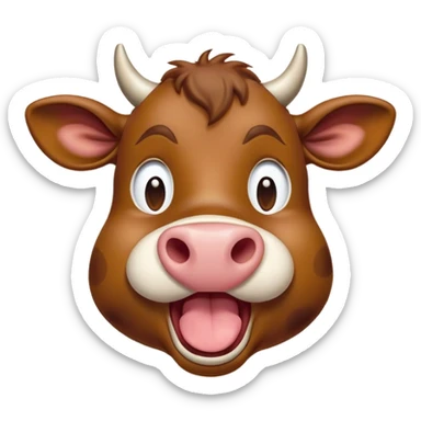 Cinematic Cute Yawning Brown Cow Portrait Emoji, Head tilted slightly with a dramatic, wide-open yawn, showcasing a smooth, rich brown hide with a subtle shine, floppy ears slightly drooping, round brown eyes barely open in drowsy contentment, Simplified yet irresistibly adorable features, highly detailed, glowing with a soft, cozy glow, high shine, relaxed yet expressive, stylized with a touch of pastoral whimsy, bright and endearing, soft glowing outline, capturing the essence of a sleepy yet affectionate cow, so drowsy it feels like it could amble right out of the screen and curl up for a nap! sticker