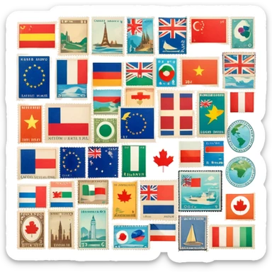 Icon for Stamp Collecting: a collection of vintage and colorful stamps arranged in an album or on a desk, showcasing various countries and themes. The icon should reflect the charm and history of philately. Transparent background. sticker