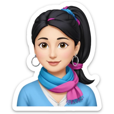 generate a pretty bratz emoji 
Make her wear a white shirt with a colorful blue-pink scarf wrapped around her neck. smiling big. Black hair tied into a side part ponytail, silver hoops and no necklace

She should look exactly  like Kareena Kapoor. kohl under eyes sticker