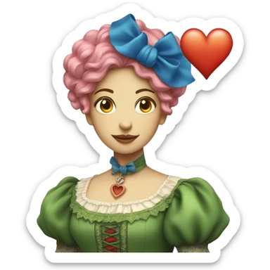 a green woman in Victorian orange and blue dress, pink hair,holdig, red big hearth, full body sticker