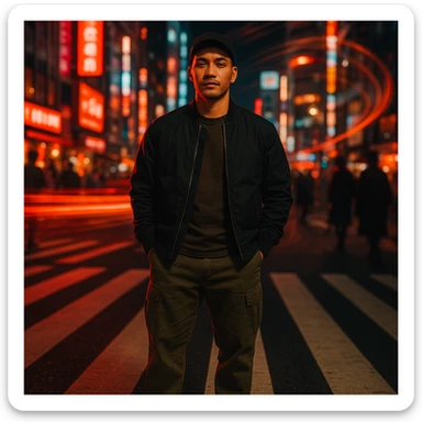 Create a cinematic photo of a Southeast Asian man in his early 30s with medium tan (sawo matang) skin, clean and sharp look, standing in the middle of a zebra crosswalk at night in a bustling city like Jakarta or Tokyo. The man has a calm, confident expression with eyes slightly squinted, looking forward. He wears a dark bomber jacket, neutral T-shirt, relaxed-fit cargo pants, clean sneakers, and a black baseball cap forward. Both hands are in pockets with a relaxed but solid posture. The background features neon signs, light trails, silhouettes of pedestrians, and spiral motion blur. The lighting is bold and cinematic with soft flash on the face, deep shadows, and glowing red, blue, and orange lights. The color palette is rich, warm, and saturated with a 35mm film or fashion editorial look. Urban, edgy, nightlife intensity. Use the reference image for facial structure and vibe. sticker