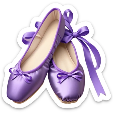 cinematic-realistic-ballet-shoes,-soft-satin-purple-pointe-shoes-with-delicate-ribbons,-resting-gently-on-a-polished-wooden-floor,-subtle-creases-in-the-fabric,-glowing-under-the-warm-golden-light-of-a-rehearsal-studio,-evoking-ele sticker