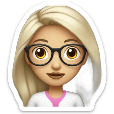 girl programmer with black wavy long hair and white skin and pink lipsand big eyes and Iranian face with rounded glasses sticker