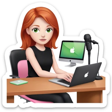 Redhead with green eyes sat at desk with pink MacBook and  podcast microphone black top and pink chair  sticker