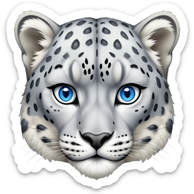 Cinematic-Noble-Snow-Leopard-Portrait-Emoji – Poised and majestic, with a muscular, agile build and a beautifully patterned coat of soft white and grey fur, marked with striking, deep-set, intelligent icy blue eyes, simplified yet sharp and sophisticated zoomed out showing the shoulders sticker