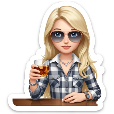 girl
blue eyes
long blond hair with daisy in it
wearing grey/white plaid shirt
wearing aviator sunglasses
wearing silver necklace around her neck
holding a glass of whiskey 
wearing rose gold apple watch  sticker