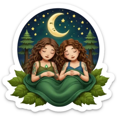 two forest alchemist women — one with long wavy brown hair and tattoos, one with short tight curly brown hair — sleeping back to back under leaf blanket crescent moon above sticker