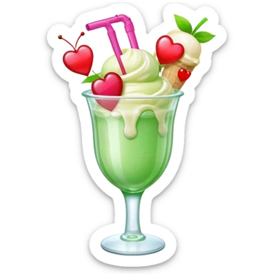 Create an emoji with a clear rounded glass, bright transparent green soda, vanilla ice cream scoop, two red cherries, pink heart-shaped straw, simple shapes, bright colors.
 sticker