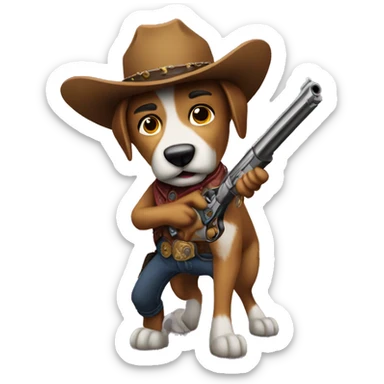 Dog Animatronic as cowboy holding a gun sticker