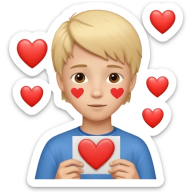 Un garçon blond aux yeux marrons de 13 ans qui tient avec ses mains un L avec des cœurs autour de son visage sticker