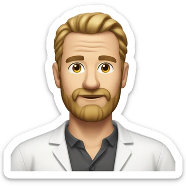 middle aged english man, short slicked back hair dark blonde, dark blonde medium length size full beard, wearing only a plain white smart shirt unbuttoned. sticker