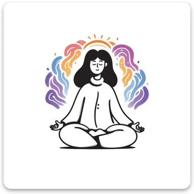 A person in a peaceful meditation pose with colorful rainbow waves of calmness radiating outward, representing mindfulness and stress relief. Vibrant hand-drawn doodle style with purples, blues, and warm tones. sticker