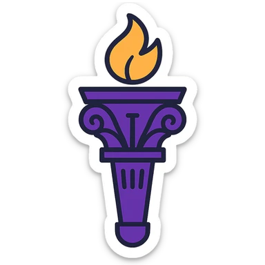 a violet torch inspired by NYU, with a glowing flame and elegant details, lineal color icon with black outlines sticker