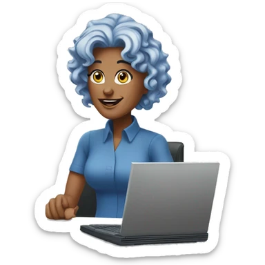  a charismatic 47-year-old woman with blue wavy hair engrossed in her work on a computer. Her friendly and approachable eyes meet the viewer's gaze. Two icons representing Microsoft Excel and Word are subtly incorporated within the scene.  sticker
