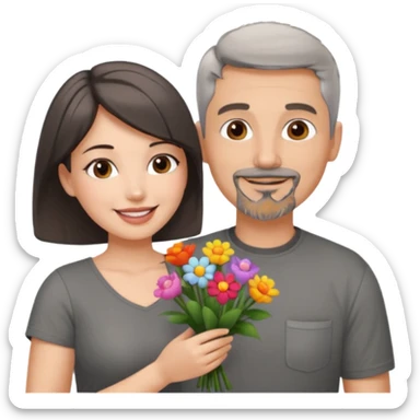 smiling man with short gray hair and goatee in grey shirt giving flowers to a pretty, sexy, slightly curvy white woman with short dark brown hair  sticker
