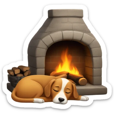 Dog snoozing by a roaring fire sticker