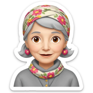 A kind old Soviet village grandmother emoji — elderly woman wearing a floral headscarf tied under her chin, simple gray cardigan, warm smile, friendly face, flat emoji style, minimal Apple-like design. sticker