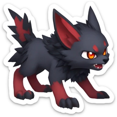   cool edgy beautiful fantasy anime-style dark animal vampiric Litten-Zoroark-cat-hybrid Fakemon with big fangs and bat-ears full body sticker