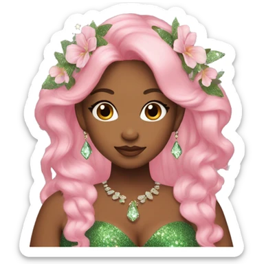 plus size woman, long beautiful pink hair, flowers in hair, glitter green dress, crystal jewelry, fairy wings, elf ears sticker