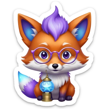 Laughing with tears of joy 😂 — a small magical fox with shimmering purple and blue fur, a glowing fluffy tail, a silver star on its forehead, round glasses, and a tiny lantern. sticker
