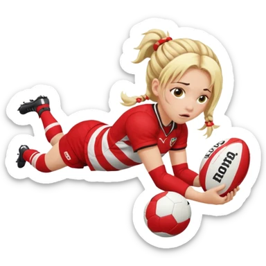 Chica de pelo rubio tirada en el suelo boca abajo agarrando un balón DE RUGBY con las manos vestida con una equipación de color rojo y blanco con líneas y con unas botas de tacos de fútbol, con un bucal en la boca y el pelo con trenzas, se la tienen que ver las piernas  sticker