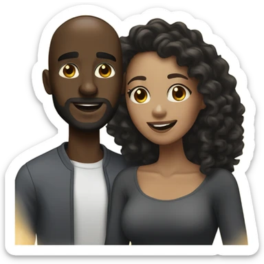 Dark skin man with bald head and beard taking selfie with light skin woman with long black curly hair sticker